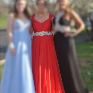 Jovani Vibrant Red Formal Dress with Silver Accents